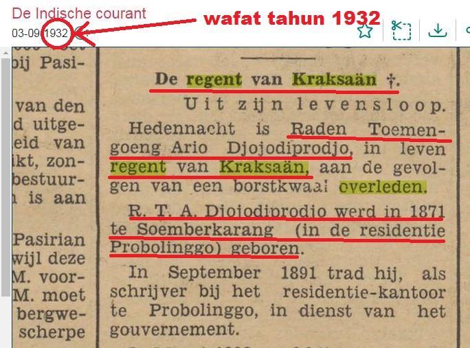 Berita wafatnya Bupati Kraksaan